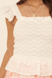 Shy Smiles Smocked Eyelet Lace Tie-Back Top - ShopPromesa