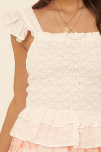 Shy Smiles Smocked Eyelet Lace Tie-Back Top - ShopPromesa