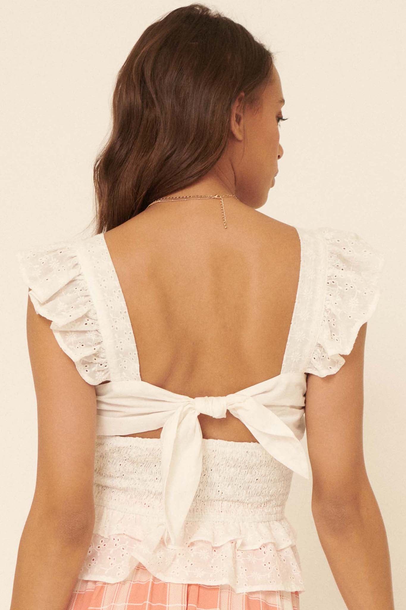 Shy Smiles Smocked Eyelet Lace Tie-Back Top - ShopPromesa