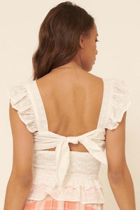 Shy Smiles Smocked Eyelet Lace Tie-Back Top - ShopPromesa