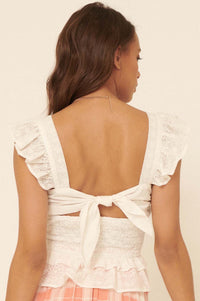 Shy Smiles Smocked Eyelet Lace Tie-Back Top - ShopPromesa