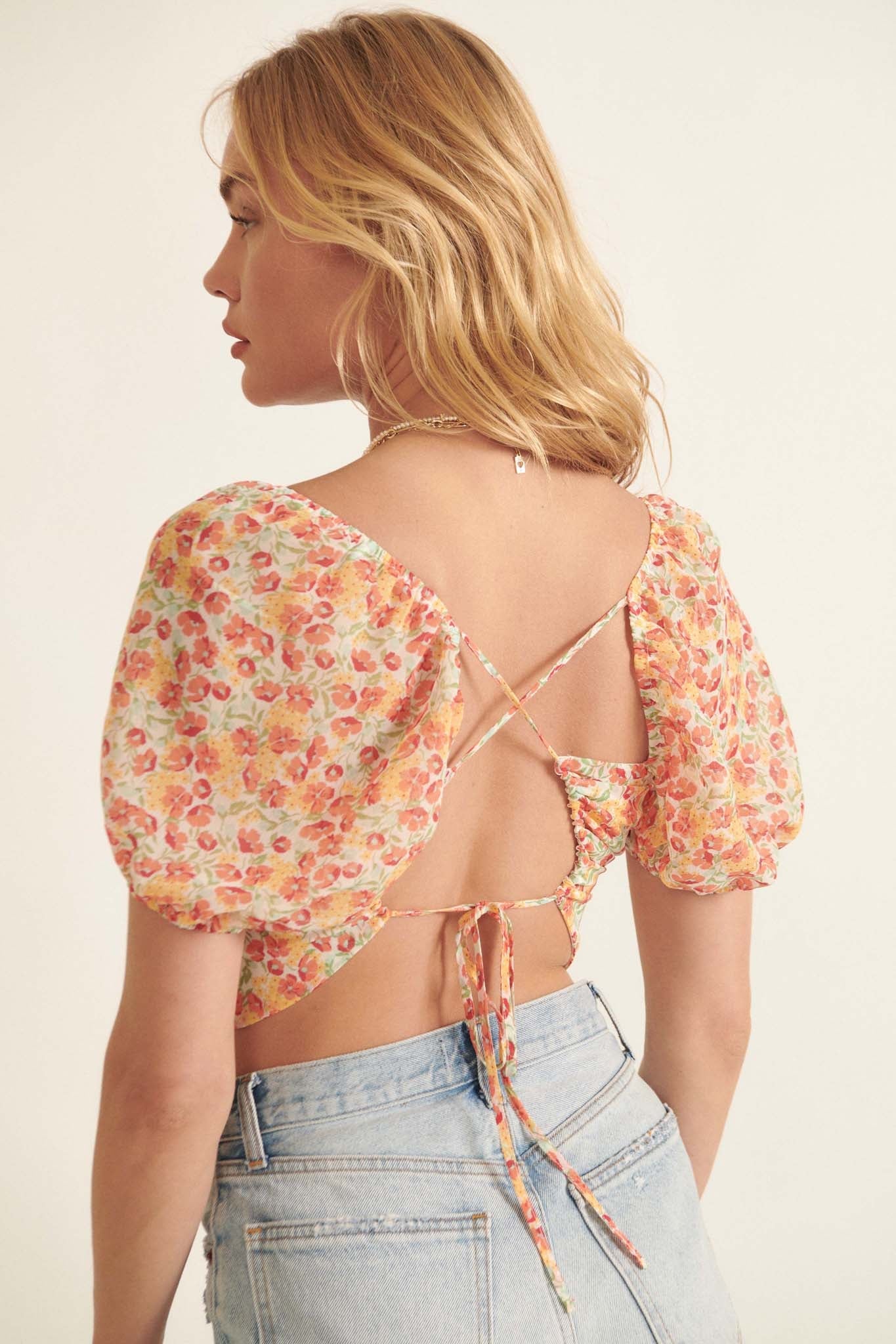 Morning Sun Floral Open-Back Puff-Sleeve Top - ShopPromesa