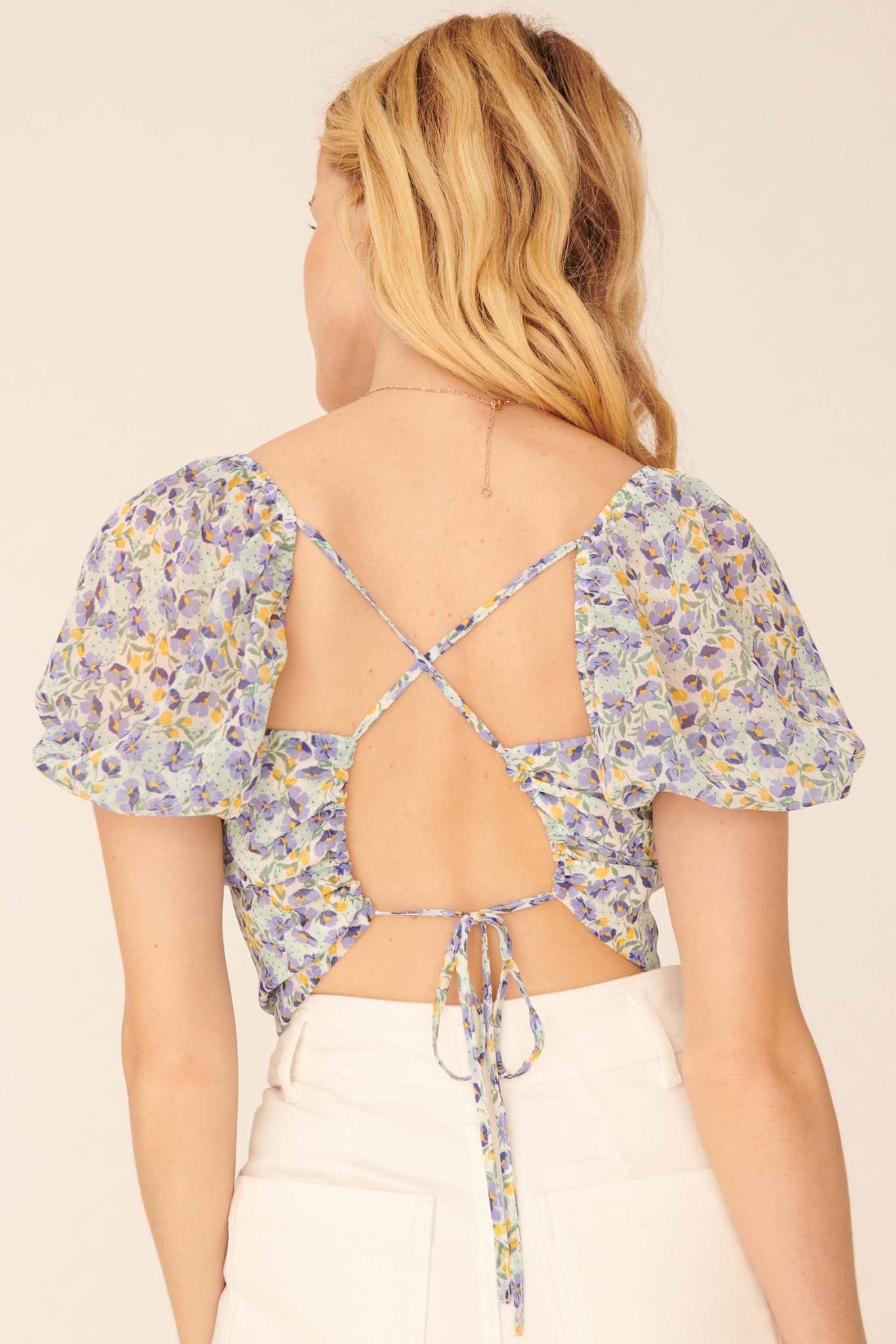 Morning Sun Floral Open-Back Puff-Sleeve Top - ShopPromesa