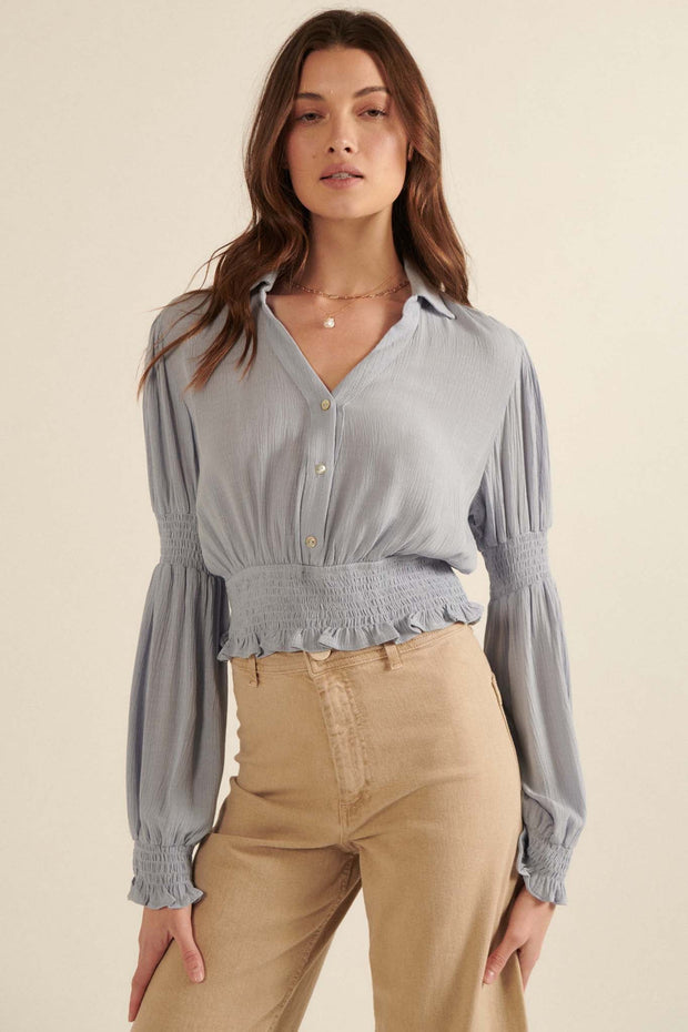 Sweet Juliet Smocked Crepe Button-Front Top - ShopPromesa