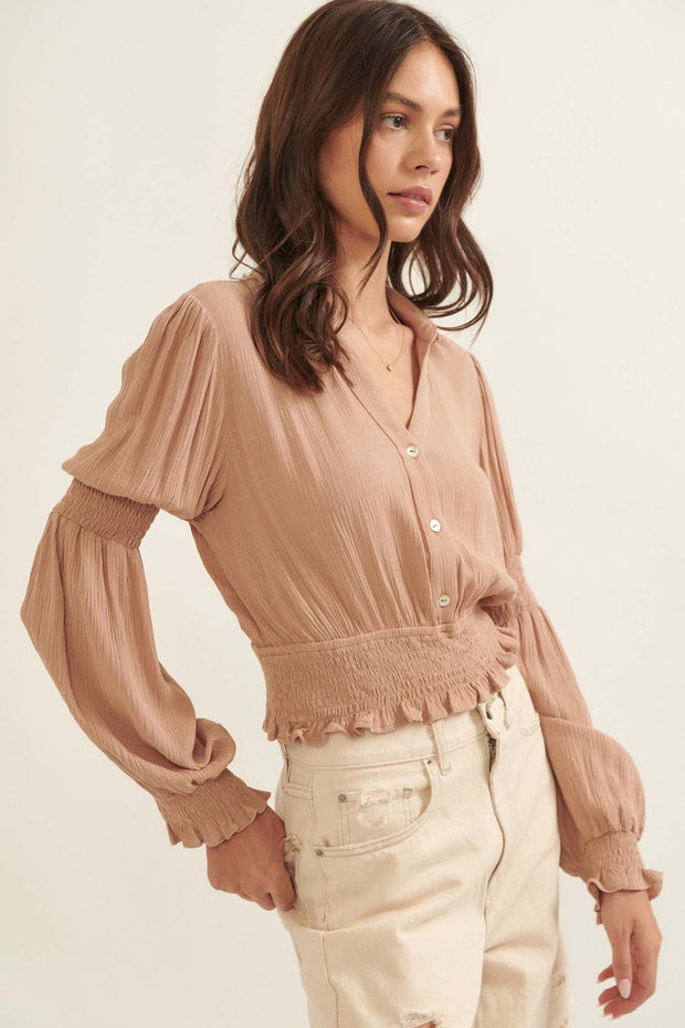 Sweet Juliet Smocked Crepe Button-Front Top - ShopPromesa