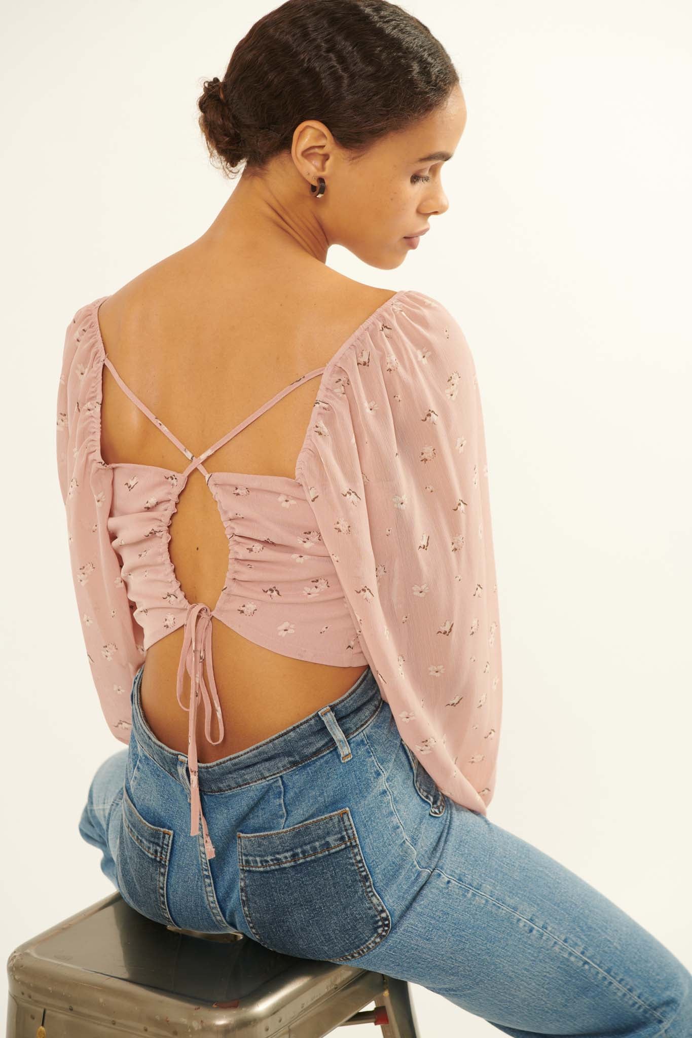 Belle Fleur Floral Open-Back Cropped Peasant Top - ShopPromesa