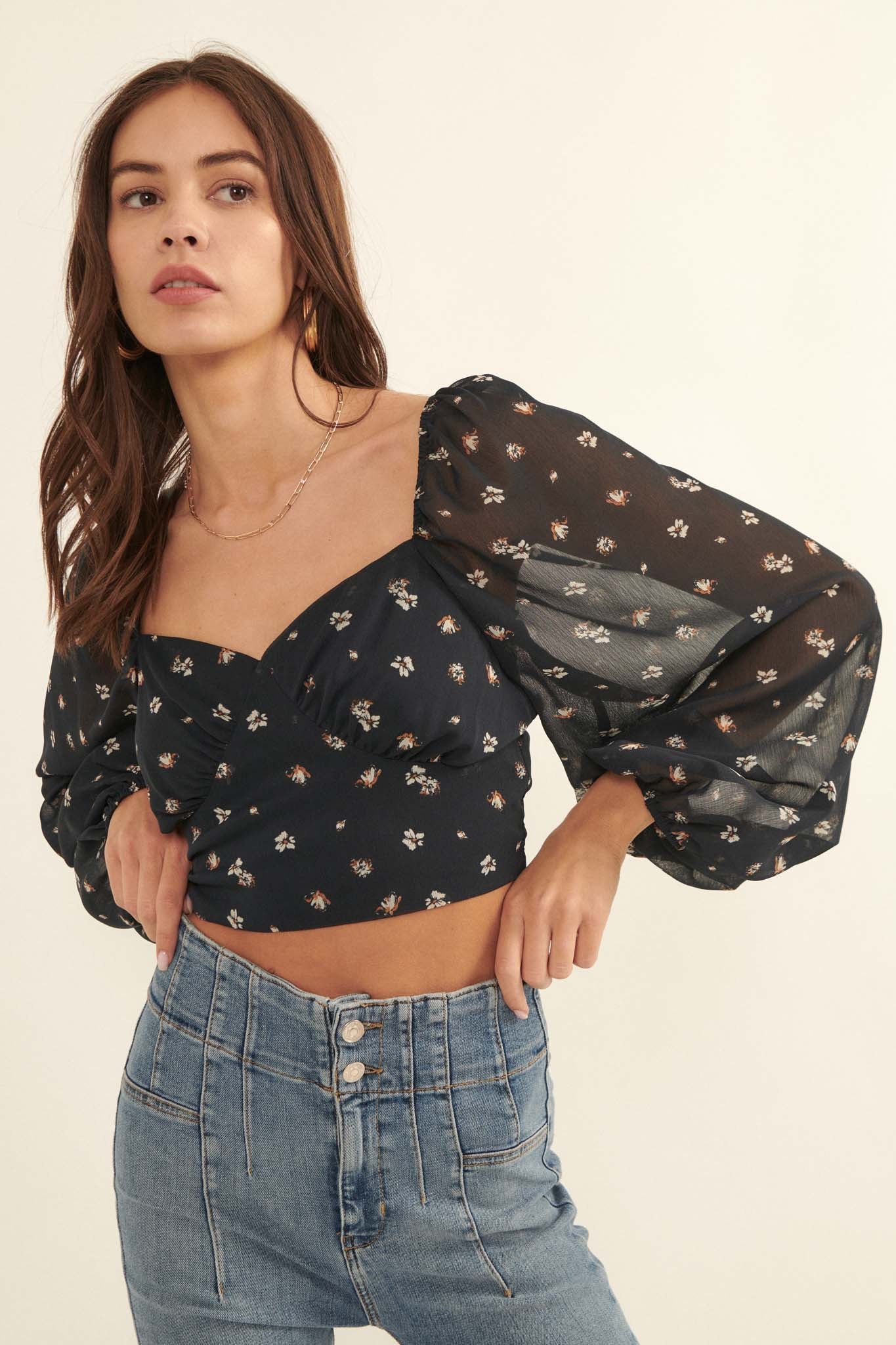 Belle Fleur Floral Open-Back Cropped Peasant Top - ShopPromesa