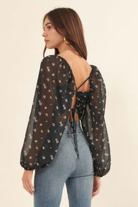 Belle Fleur Floral Open-Back Cropped Peasant Top - ShopPromesa