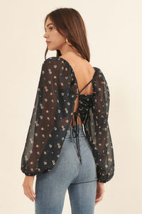 Belle Fleur Floral Open-Back Cropped Peasant Top - ShopPromesa