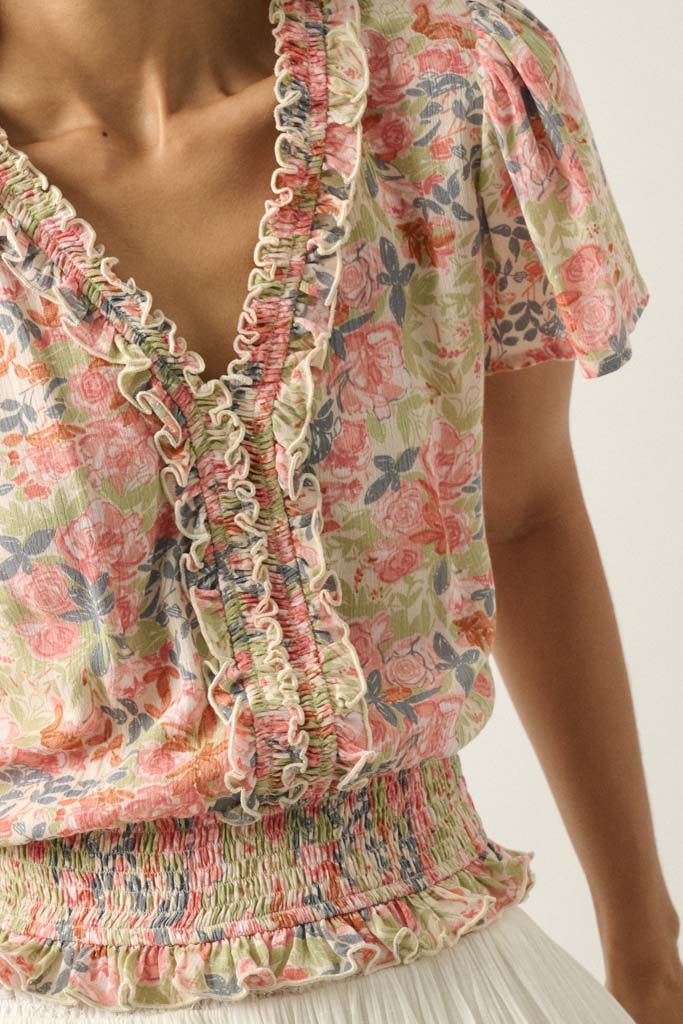 Watercolor Daydream Ruffled Floral Crepe Blouse - ShopPromesa