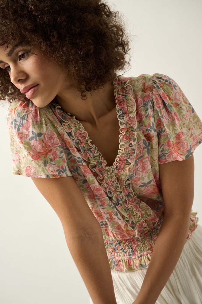 Watercolor Daydream Ruffled Floral Crepe Blouse - ShopPromesa