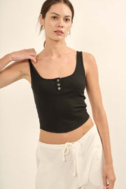 Ribbed Knit Cropped 3-Button Henley Tank Top - ShopPromesa