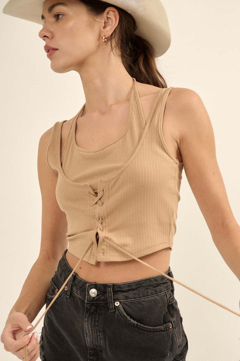 Ribbed Knit Doulbe Layer Lace-Up Cropped Tank Top - ShopPromesa