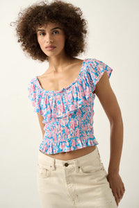 Cannes Coastline Floral Crepe Ruffle Blouse - ShopPromesa