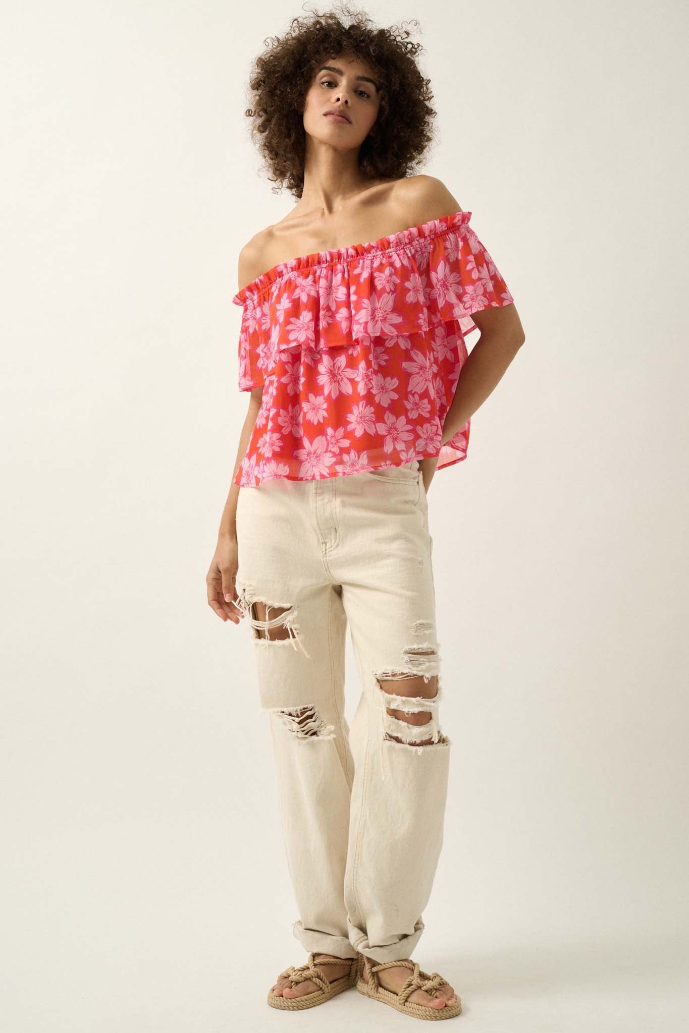 Island Breeze Off-Shoulder Floral Chiffon Blouse - ShopPromesa