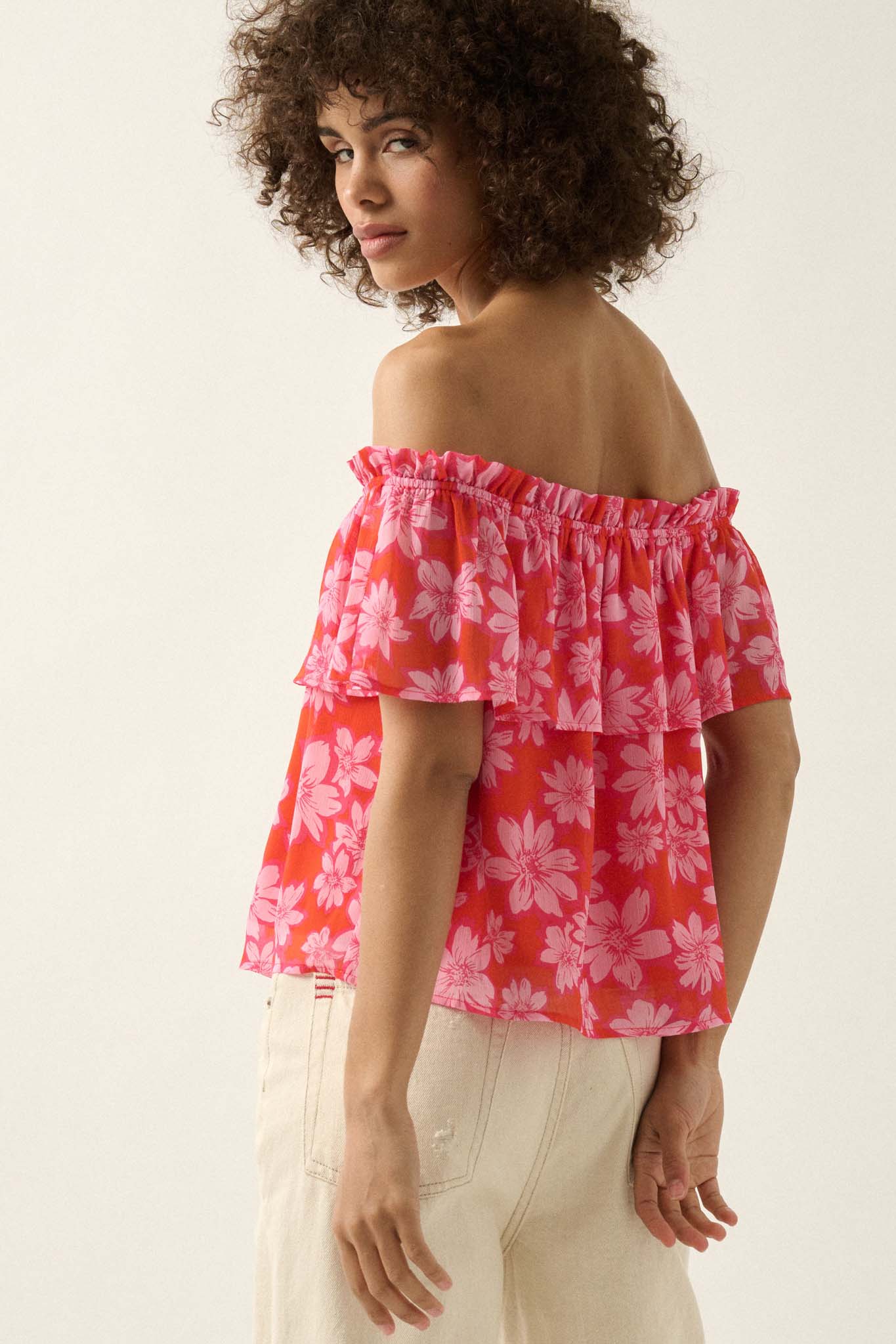 Island Breeze Off-Shoulder Floral Chiffon Blouse - ShopPromesa