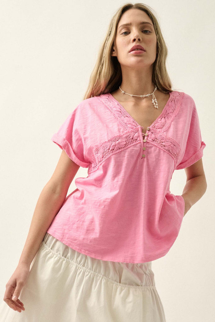 Rise and Shine Lace-Trimmed Slub Cotton Henley Tee - ShopPromesa