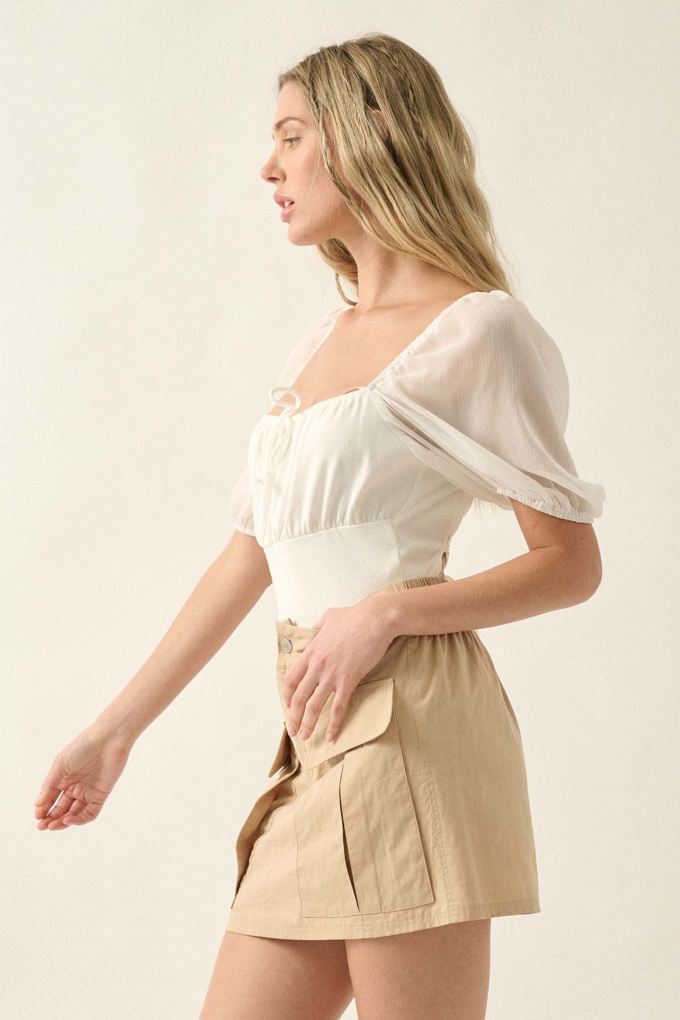 Enchanted Kiss Lace-Up Back Peasant Bodysuit - ShopPromesa