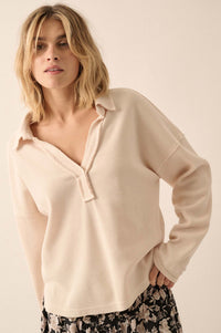 No Problemo Collared V-Neck Waffle-Knit Top - ShopPromesa