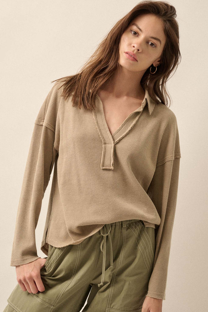 No Problemo Collared V-Neck Waffle-Knit Top - ShopPromesa