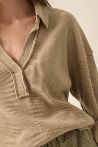 No Problemo Collared V-Neck Waffle-Knit Top - ShopPromesa