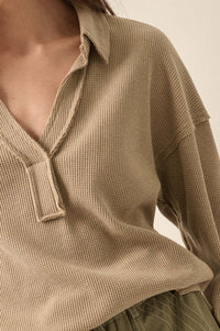 No Problemo Collared V-Neck Waffle-Knit Top - ShopPromesa