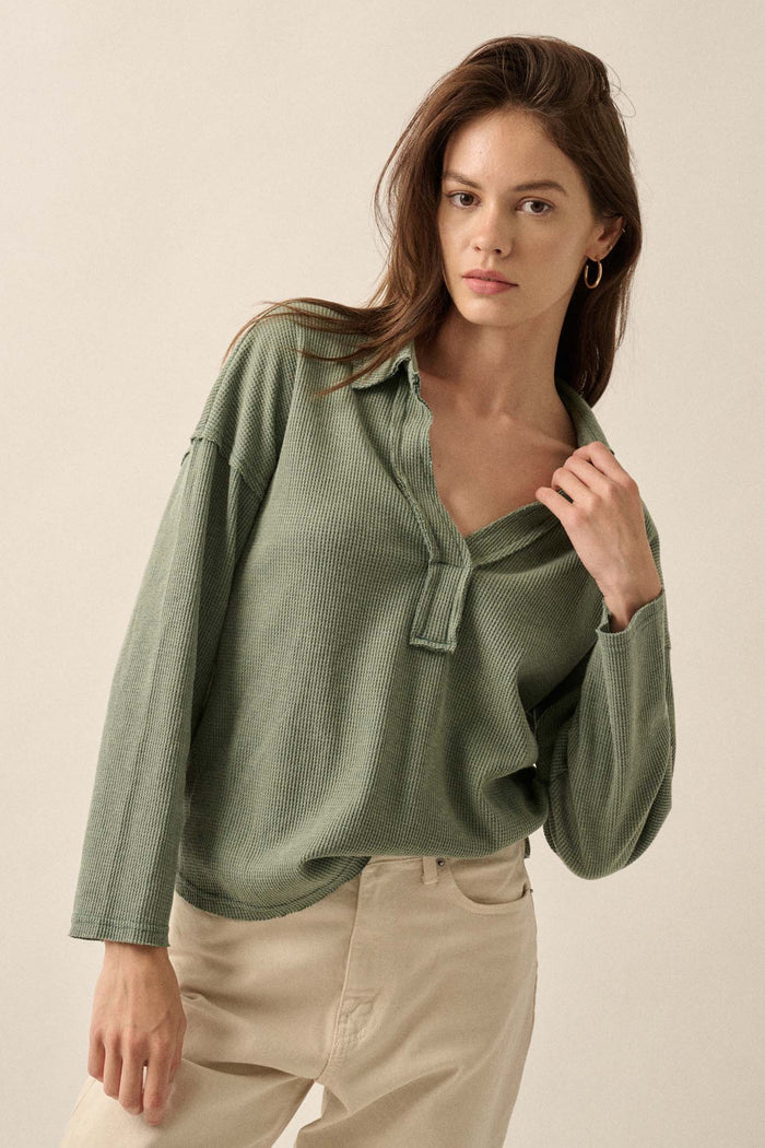 No Problemo Collared V-Neck Waffle-Knit Top - ShopPromesa