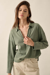 No Problemo Collared V-Neck Waffle-Knit Top - ShopPromesa