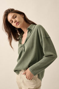 No Problemo Collared V-Neck Waffle-Knit Top - ShopPromesa