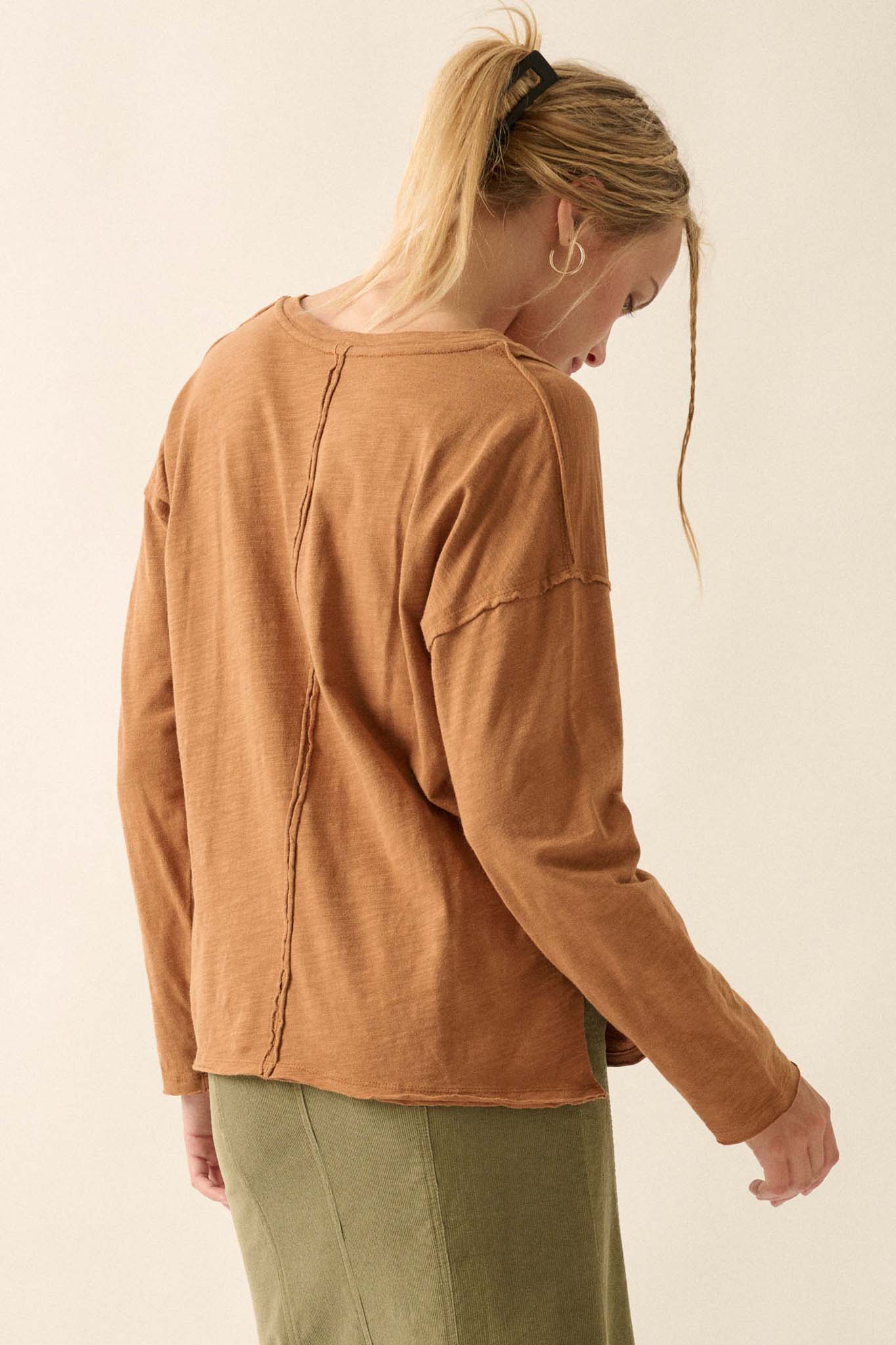 Easy Fit Cotton Slub Exposed-Seam Long-Sleeve Tee - ShopPromesa