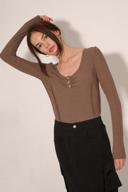 Ribbed Knit Long-Sleeve Scoop Neck Henley Top - ShopPromesa