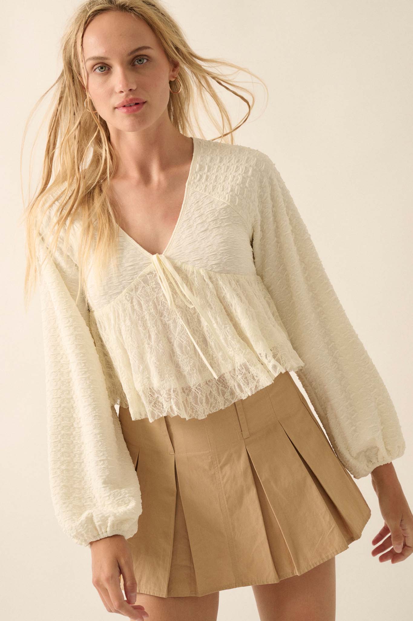 Dream Dolly Lace Ruffle Textured Peasant Top - ShopPromesa