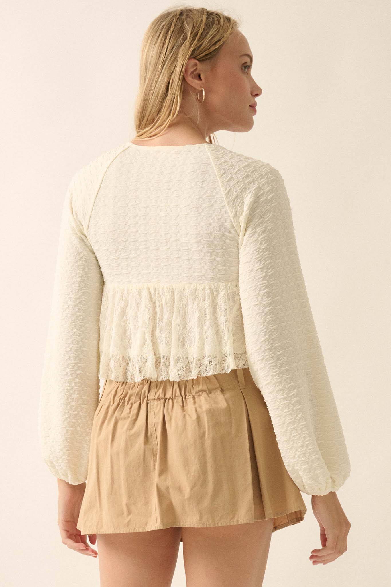 Dream Dolly Lace Ruffle Textured Peasant Top - ShopPromesa