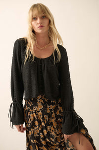 Pop Poetry Textured Button-Front Trumpet Blouse - ShopPromesa