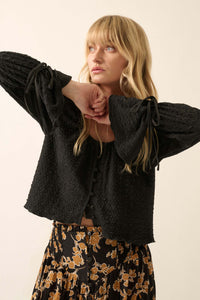 Pop Poetry Textured Button-Front Trumpet Blouse - ShopPromesa