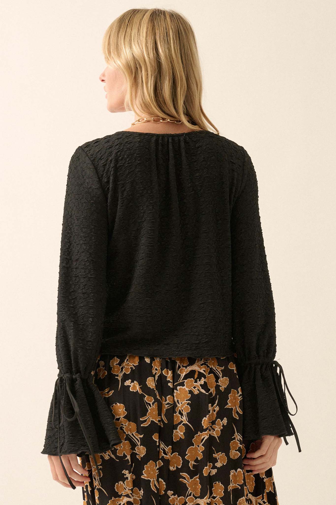 Pop Poetry Textured Button-Front Trumpet Blouse - ShopPromesa