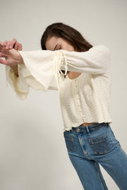 Pop Poetry Textured Button-Front Trumpet Blouse - ShopPromesa