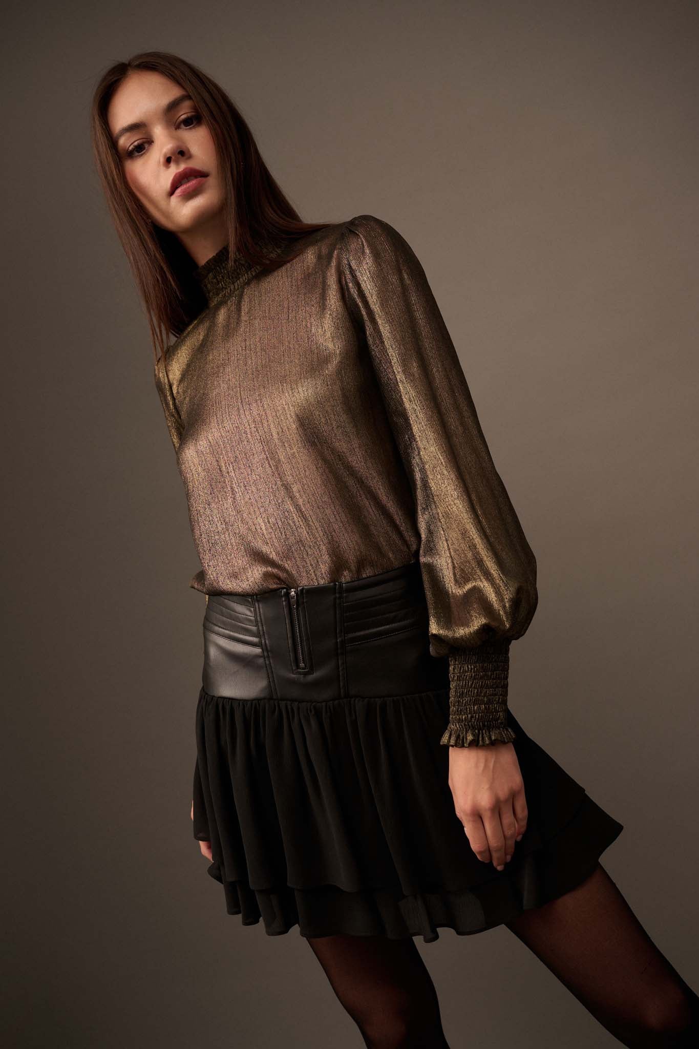 Golden Age Metallic Bishop-Sleeve Mock Neck Top - ShopPromesa