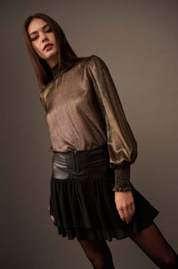 Golden Age Metallic Bishop-Sleeve Mock Neck Top - ShopPromesa