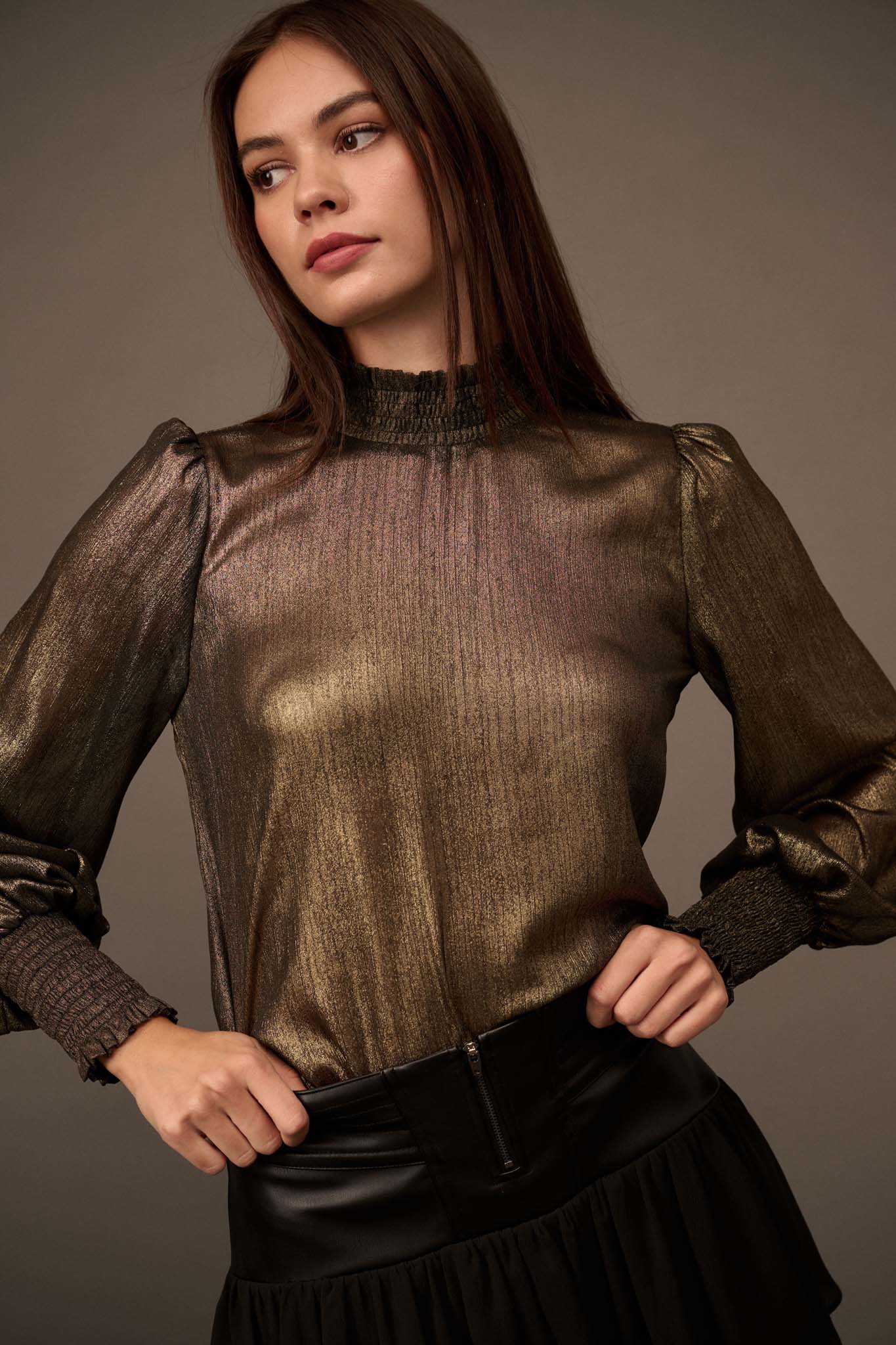 Golden Age Metallic Bishop Sleeve Mock Neck Top