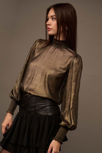 Golden Age Metallic Bishop-Sleeve Mock Neck Top - ShopPromesa