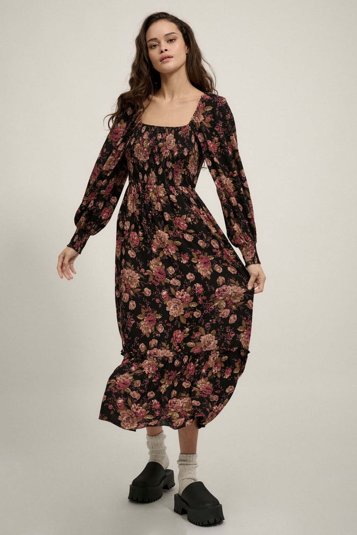 Merlot Blossoms Smocked Floral Midi Prairie Dress - ShopPromesa