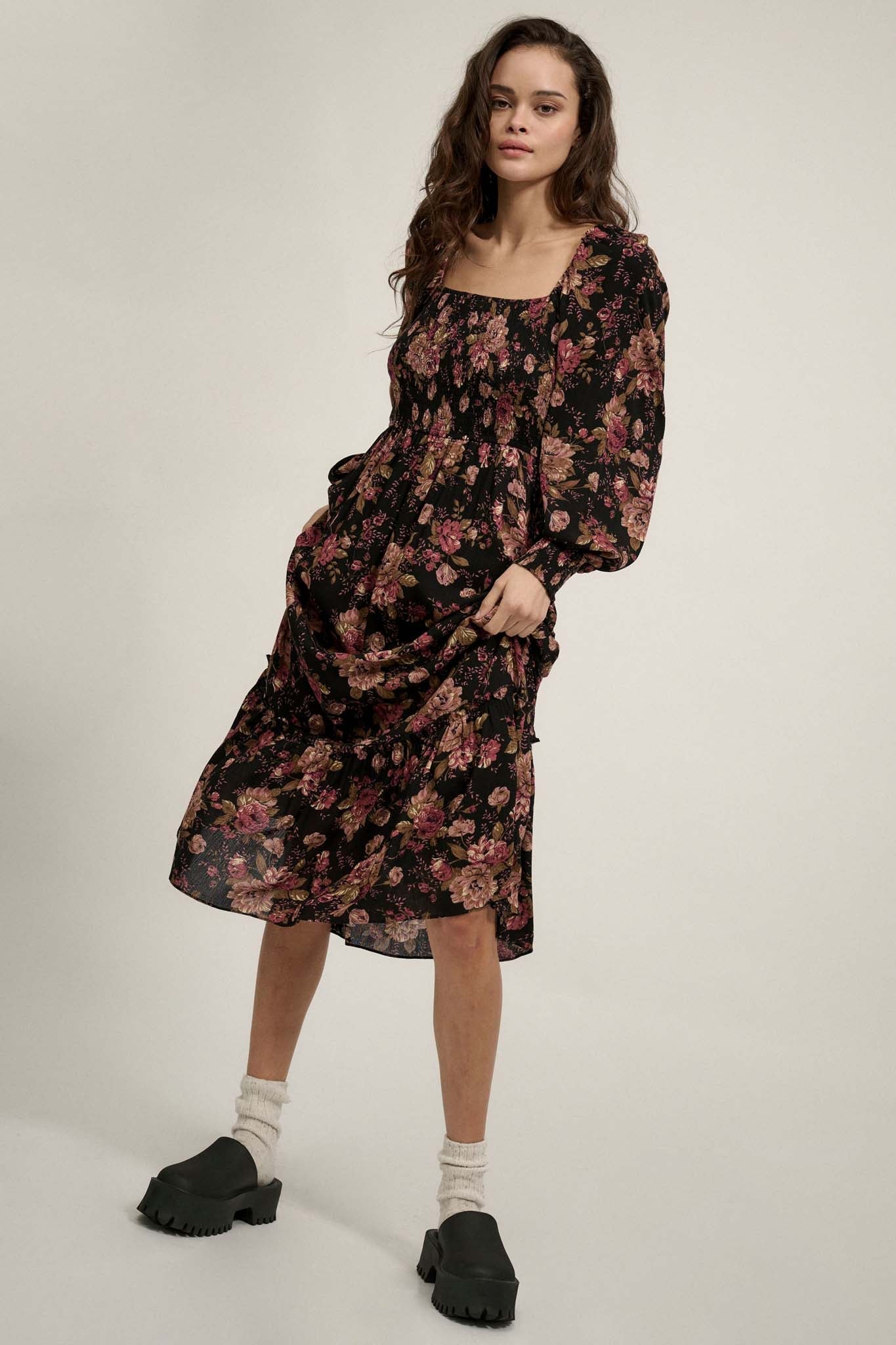 Merlot Blossoms Smocked Floral Midi Prairie Dress - ShopPromesa