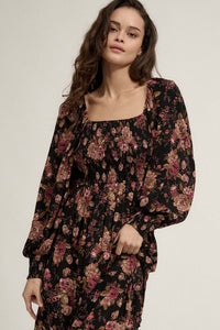 Merlot Blossoms Smocked Floral Midi Prairie Dress - ShopPromesa