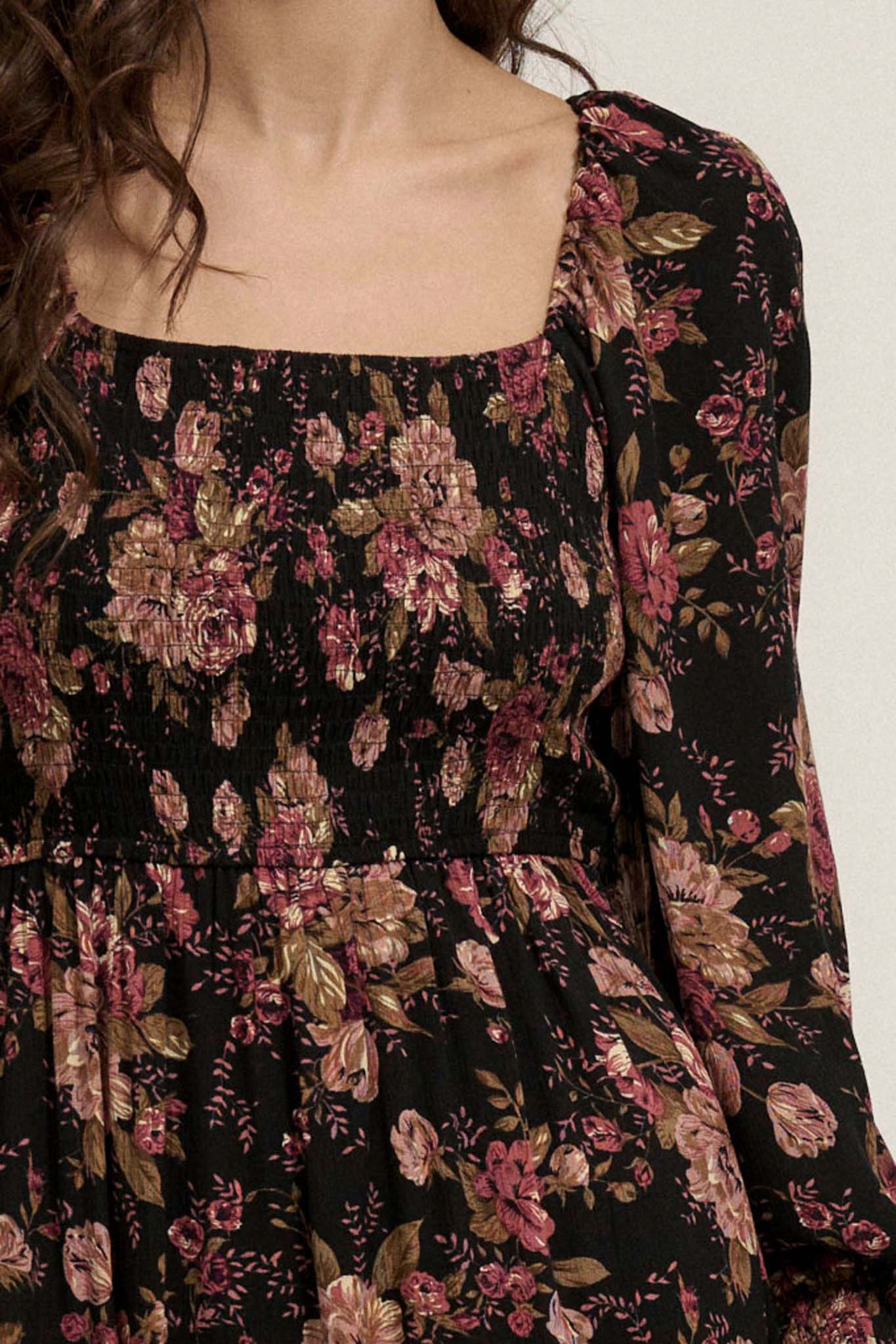 Merlot Blossoms Smocked Floral Midi Prairie Dress - ShopPromesa