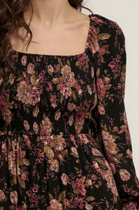 Merlot Blossoms Smocked Floral Midi Prairie Dress - ShopPromesa