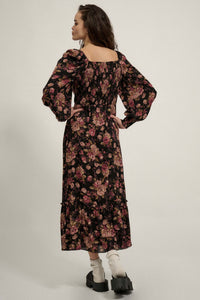 Merlot Blossoms Smocked Floral Midi Prairie Dress - ShopPromesa