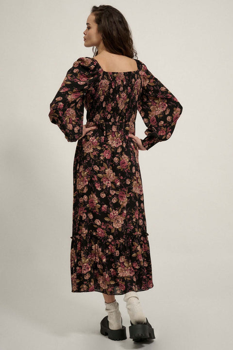 Merlot Blossoms Smocked Floral Midi Prairie Dress - ShopPromesa