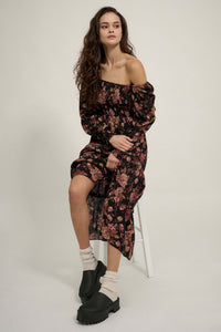 Merlot Blossoms Smocked Floral Midi Prairie Dress - ShopPromesa