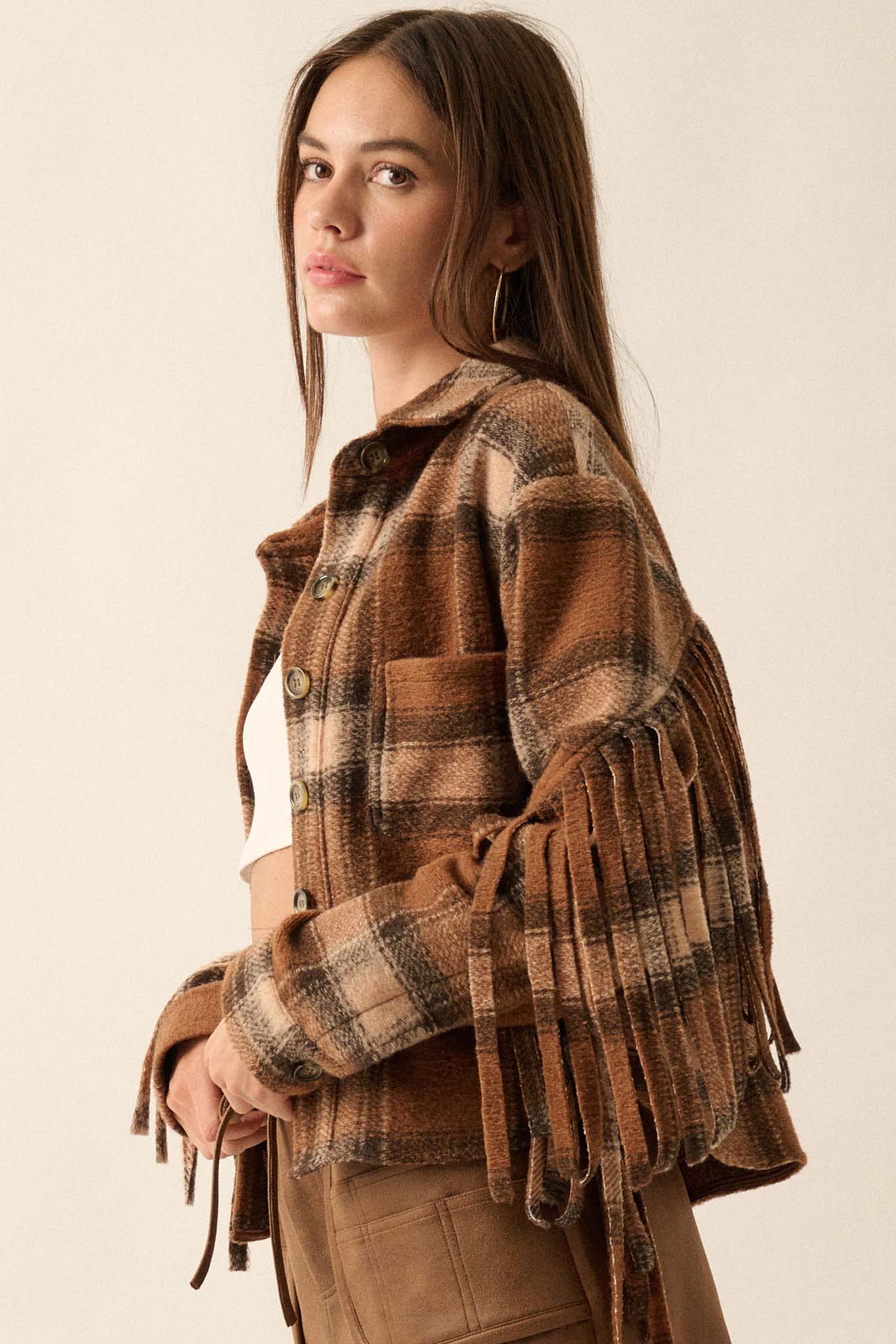 Up the Country Plaid Fringe Shacket - ShopPromesa